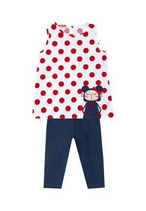 Hvid ærmeløs top med røde prikker og en musefigur, kombineret med ensfarvede marineblå leggings til børn.