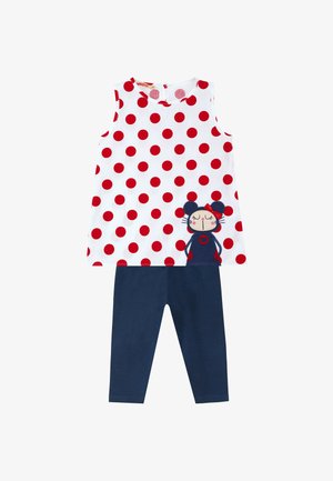Hvid ærmeløs top med røde prikker og en musefigur, kombineret med ensfarvede marineblå leggings til børn.