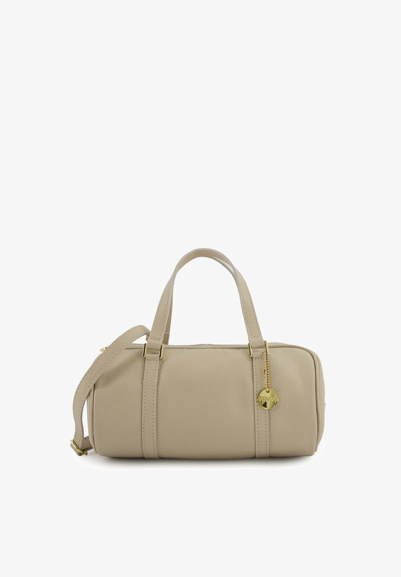 Beige leather handbag with a rectangular shape, dual top handles, detachable strap, gold hardware, and textured surface.