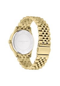 Gouden roestvrijstalen horloge met een schakelarmband, ronde kast en een gladde, reflecterende achterkant. Kenmerkt branding en details over waterbestendigheid.