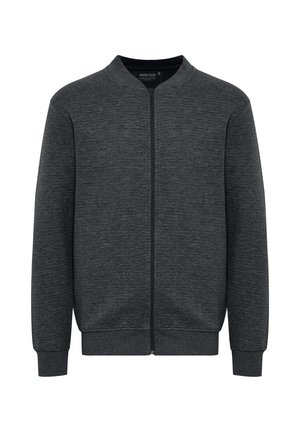 Chaqueta bomber gris oscuro hecha de algodón texturizado, con cierre de cremallera en la parte delantera, puños acanalados y cuello redondo. Diseño simple y minimalista.