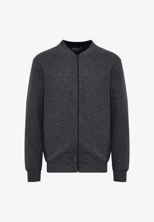 Dunkelgraue Bomberjacke aus strukturiertem Baumwollstoff, mit einem Reißverschluss vorne, gerippten Bündchen und einem runden Halsauschnitt. Einfaches, minimalistisches Design.