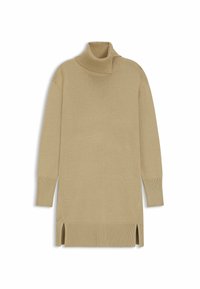 Beige Rollkragenpullover mit gerippten Bündchen und Saum. Verfügt über seitliche Schlitze am Saum für mehr Bewegungsfreiheit. Hergestellt aus weichem Strickmaterial.