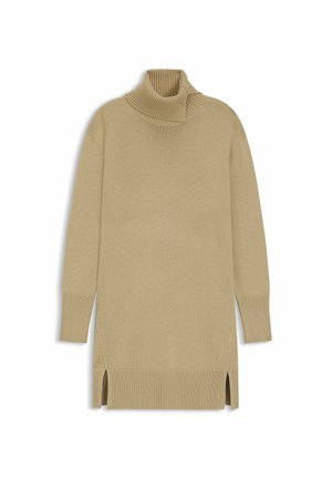 Beige coltrui met geribbelde manchetten en zoom. Heeft aan de onderkant zijsplitten voor meer bewegingsvrijheid. Gemaakt van zacht gebreid materiaal.