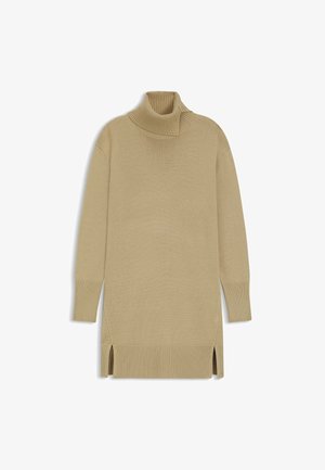 Beige turtleneck sweater with ribbed cuffs and hem. Features side slits at the bottom for ease of movement. Made from soft knit material.