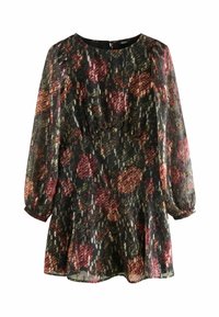 Blumenmusterkleid aus durchsichtigem Stoff, mit langen Ärmeln, rundem Ausschnitt, gerafftem Taillenbereich und ausgestelltem Saum in dunklen Farben.