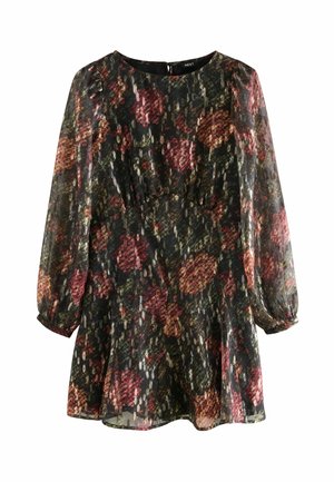Blumenmusterkleid aus durchsichtigem Stoff, mit langen Ärmeln, rundem Ausschnitt, gerafftem Taillenbereich und ausgestelltem Saum in dunklen Farben.