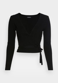 Schwarzes, geripptes Langarm-Wickeltop mit tiefem V-Ausschnitt und gebundenem Bund. Glatte Textur, taillierte Passform und minimalistisches Design.