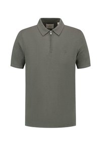 Grå polo skjorte med en slank glidelås, kortermede ermer og en liten logo på brystet. Laget av et teksturert stoff.