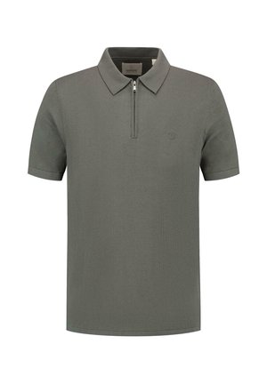 Gray polo shirt with a slender zipper, short sleeves, and a small logo on the chest. Made from a textured fabric.