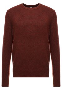 Maglione color ruggine, collo rotondo, maniche lunghe, polsini e orlo a costine, texture morbida, tessuto lavorato a maglia, senza motivi o logo visibili.