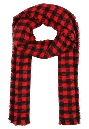Red and black buffalo plaid wool scarf with fringed edges, folded and looped.