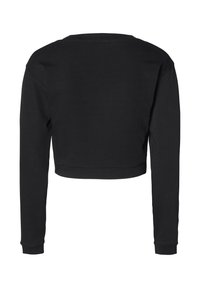 Zwarte cropped sweatshirt met lange mouwen, ronde hals, gemaakt van een gladde, matte stof. Eenvoudig ontwerp zonder zichtbare patronen of hardware.