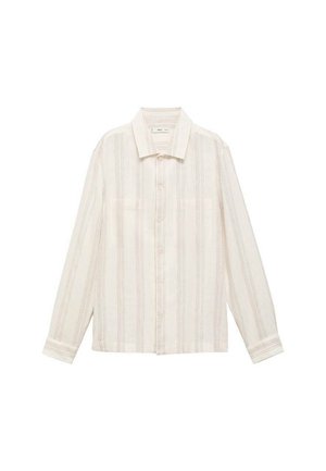 Camicia a maniche lunghe color beige chiaro con righe rosse verticali, chiusura a bottoni, colletto classico e vestibilità rilassata. Tessuto morbido con trama minima.