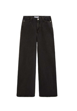 Sorte højtaljede vidde jeans med frontlommer, bæltestropper, knap og lynlåslukning.