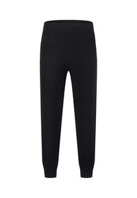 Czarne zwężane spodnie dresowe z elastycznym paskiem i ściągaczami, zaprojektowane do noszenia na co dzień lub podczas aktywności fizycznej.