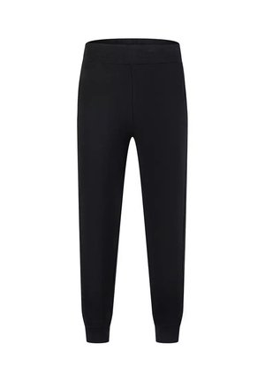 Czarne zwężane spodnie dresowe z elastycznym paskiem i ściągaczami, zaprojektowane do noszenia na co dzień lub podczas aktywności fizycznej.