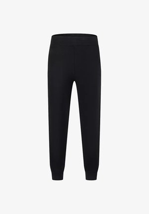 Czarne zwężane spodnie dresowe z elastycznym paskiem i ściągaczami, zaprojektowane do noszenia na co dzień lub podczas aktywności fizycznej.