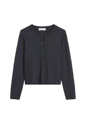 Donkerblauwe dames knoopjescardigan met lange mouwen en een ronde halslijn, kort model.