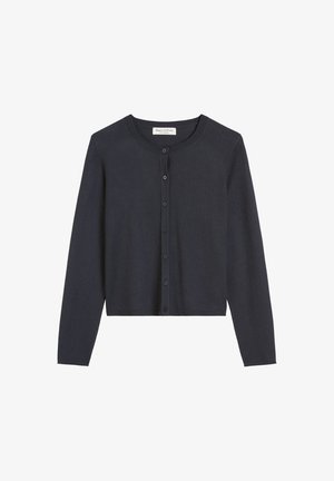 Dunkelblauer Damen-Button-Up-Cardigan mit langen Ärmeln und rundem Halsausschnitt, kurze Länge.