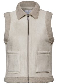 Beige Fleece-Weste mit Reißverschluss, Kragen und zwei Fronttaschen. Das Material hat eine weiche Textur mit einem gemütlichen Futter.