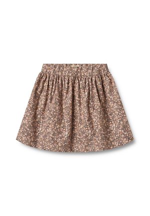 Jupe marron avec un petit motif floral multicolore, froncée à la taille pour une forme évasée.