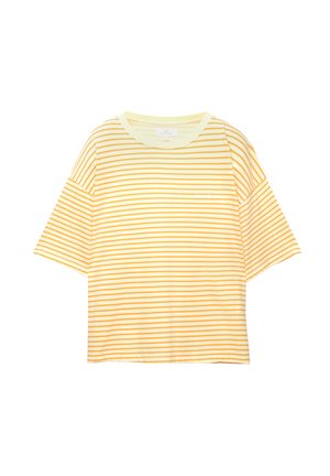 T-shirt jaune à rayures avec des manches larges et courtes, présentant des rayures horizontales orange, un col ras du cou et un petit logo à l'avant.