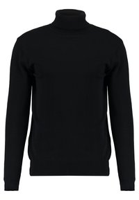 Pull à col roulé noir en tissu lisse. Il présente des manches longues, un col et un bas côtelés, ainsi qu'une silhouette classique ajustée.