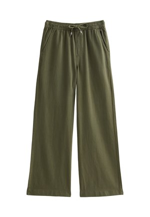 Wijdvallende broek in olijfgroene stof, met een elastische tailleband en een trekkoord, twee zijzakken en een gladde textuur.