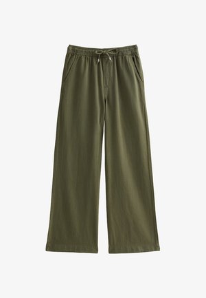 Pantaloni a gamba larga in tessuto verde oliva, con vita elasticizzata e cordoncino, due tasche laterali e una texture liscia.