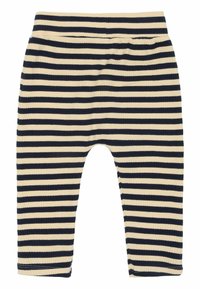 Csíkos leggings, bordázott textúrával, váltakozó sötétkék és krémszínű vízszintes csíkokkal, gumis derékkal.