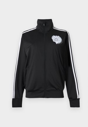 Black zip-up track jacket with white stripes on sleeves and a gray Adidas trefoil logo with ruffle detail on the chest.