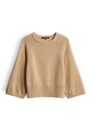 Pull beige en maille avec larges manches trois-quarts, col rond et poignets et bas côtelés.