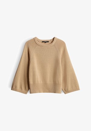 Pull beige en maille avec larges manches trois-quarts, col rond et poignets et bas côtelés.