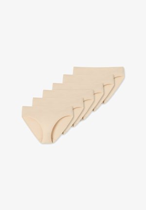 Beige katoenen ondergoedset, met een gladde textuur en een medium hoge pasvorm, weergegeven in een set van zes paar zonder versieringen.