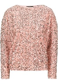 Haut à manches longues rose, recouvert de sequins, avec une coupe légère et un col rond. Les sequins présentent un mélange de teintes ajoutant de la texture.