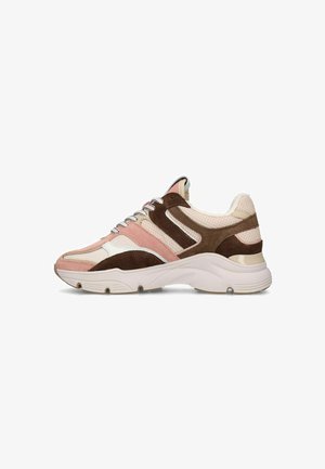 Chunky sneaker with white sole, brown and pink suede panels, beige mesh upper, and white and gray laces viewed from the side.