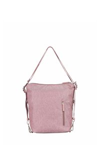 Sac à épaule en tissu rose avec un design texturé, une poche zippée à l'avant, des bretelles ajustables et un compartiment principal zippé.