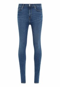 Jeans ajustados en denim azul medio, con una cintura alta, cinco bolsillos y una cremallera con cierre de botón. Lavado ligeramente descolorido con acentos de costura.