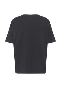 Schwarzes Baumwoll-T-Shirt mit kurzen Ärmeln, runden Ausschnitt, lockerer Passform und weichem Griff. Die Rückansicht zeigt keine weiteren Muster oder Details.