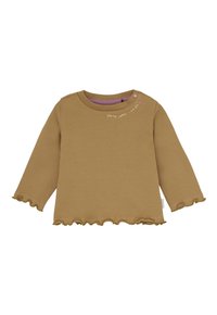 Peuter bruin langarmshirt met gerimpelde manchetten, knoop bij de kraag, en de tekst "je bent lief, ik hou van jou" met een roze hart.