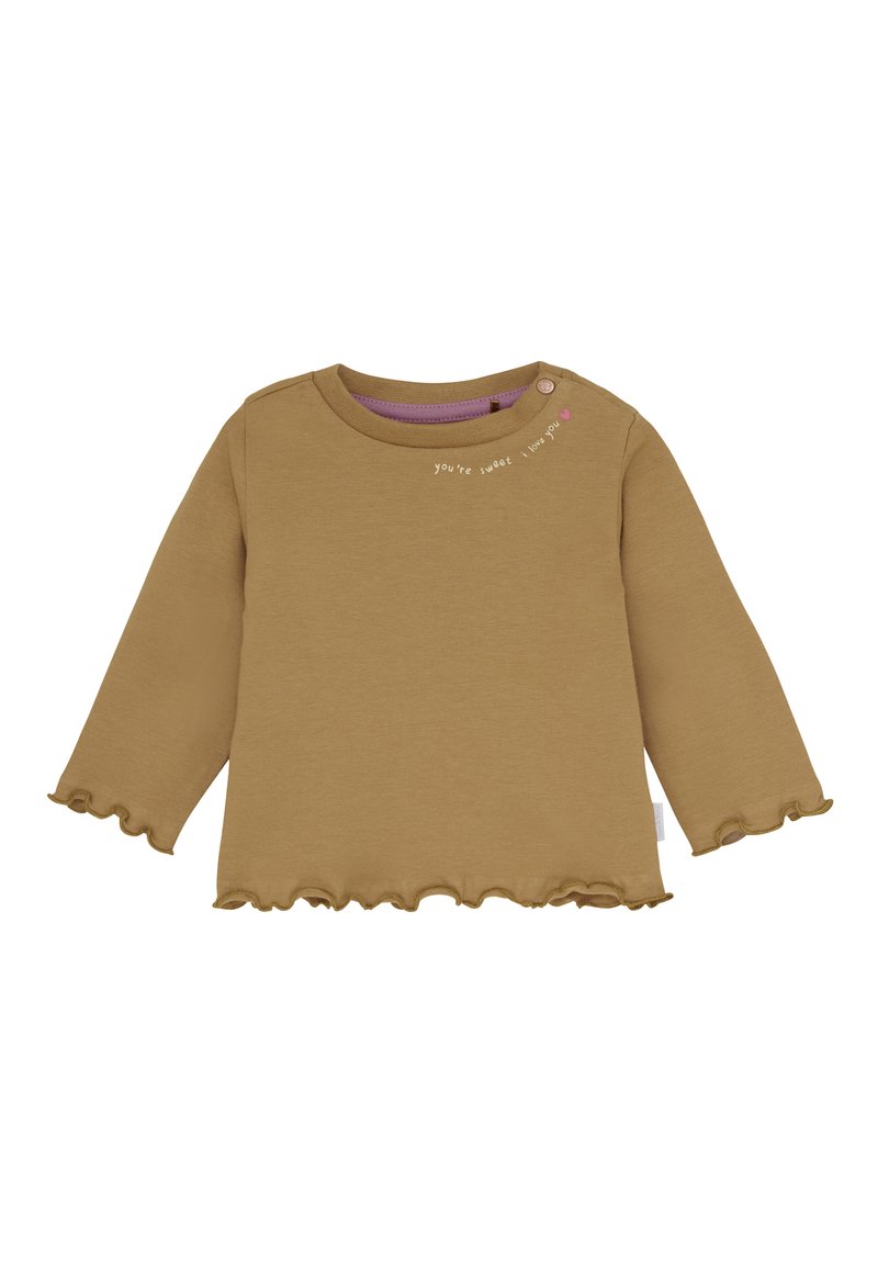 Peuter bruin langarmshirt met gerimpelde manchetten, knoop bij de kraag, en de tekst "je bent lief, ik hou van jou" met een roze hart.