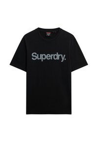 Sort bomulds t-shirt med korte ærmer, med et fremtrædende gråt "Superdry." logo på tværs af brystet og en rund halsudskæring.