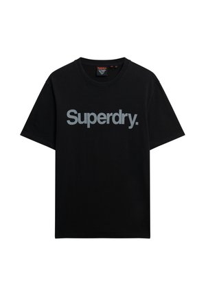 T-shirt in cotone nero con maniche corte, caratterizzato da un prominente logo grigio "Superdry." sul petto e un collo tondo.