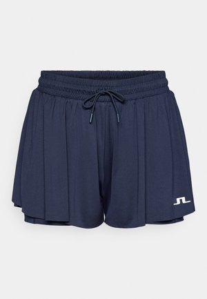Shorts sportivi blu navy con vita elasticizzata e cordino. Presentano un logo bianco in basso a sinistra e un tessuto leggero e traspirante.