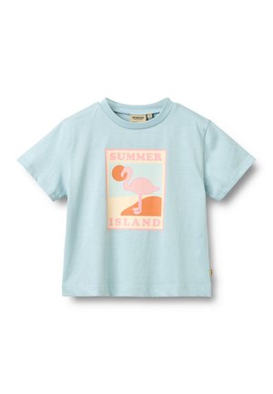 Hellblaues kurzärmeliges T-Shirt mit einer rosa Flamingo-Grafik und den Worten "SUMMER ISLAND" in einem rechteckigen Rahmen auf der Vorderseite.