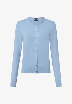 Lichtblauw vestje gemaakt van biologisch katoen. Heeft een ronde hals, lange mouwen en een sluiting met kleine metalen knopen.