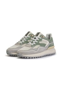 Sneaker mit einem Obermaterial aus Mesh und Wildleder in Grün und Grau, weißen Schnürsenkeln, gepolstertem Kragen und strukturierten Gummisohlen. Leichtes Design.