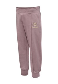 Lyserøde sweatpants lavet af blød bomuld, med elastisk talje, ribbede manchetter og et guld broderet logo på siden.