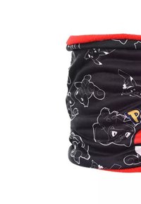 Scaldacollo nero con bordo rosso, decorato con stampe di personaggi Pokémon in bianco outlining e la parola "Pokémon" in grassetto giallo.